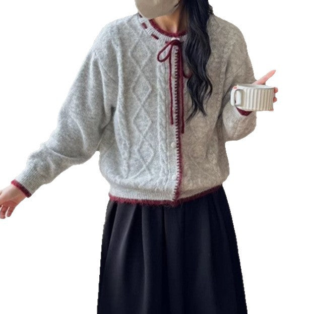 Damen lässige Strickjacke mit Zopf-Design und Schleifenverschluss Drune