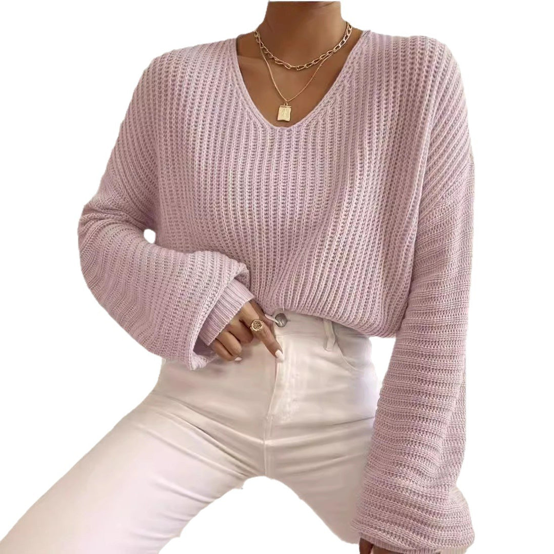 Damen V-Ausschnitt Strickpullover mit weiten Ärmeln Drune