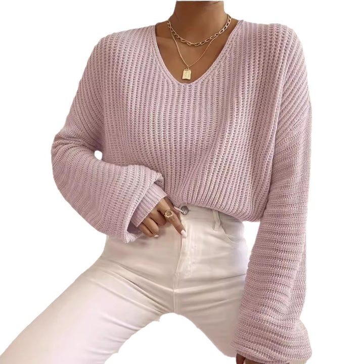 Damen V-Ausschnitt Strickpullover mit weiten Ärmeln Drune