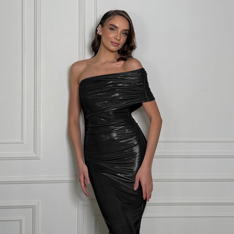 Damen schulterfreies elegantes Wickelkleid mit glänzenden Akzenten Drune