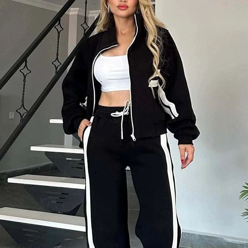 Damen nan athletisches Zweiteiler-Set aus French Terry mit Reißverschluss Cropped Jacke und weitem Highwaist Jogger Drune