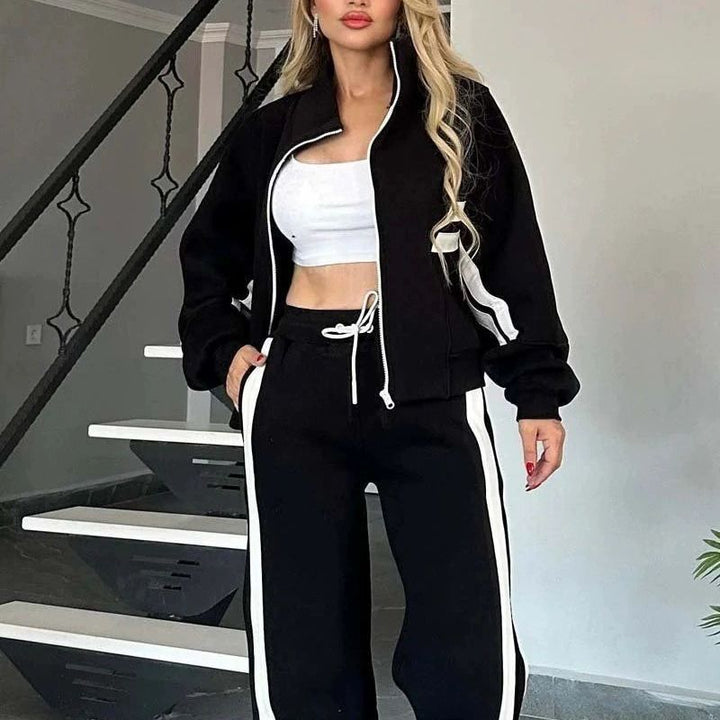 Damen nan athletisches Zweiteiler-Set aus French Terry mit Reißverschluss Cropped Jacke und weitem Highwaist Jogger Drune