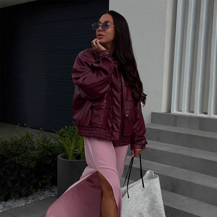 Damen oversized Kunstlederjacke mit funktionalen Taschen und elastischem Bund Drune