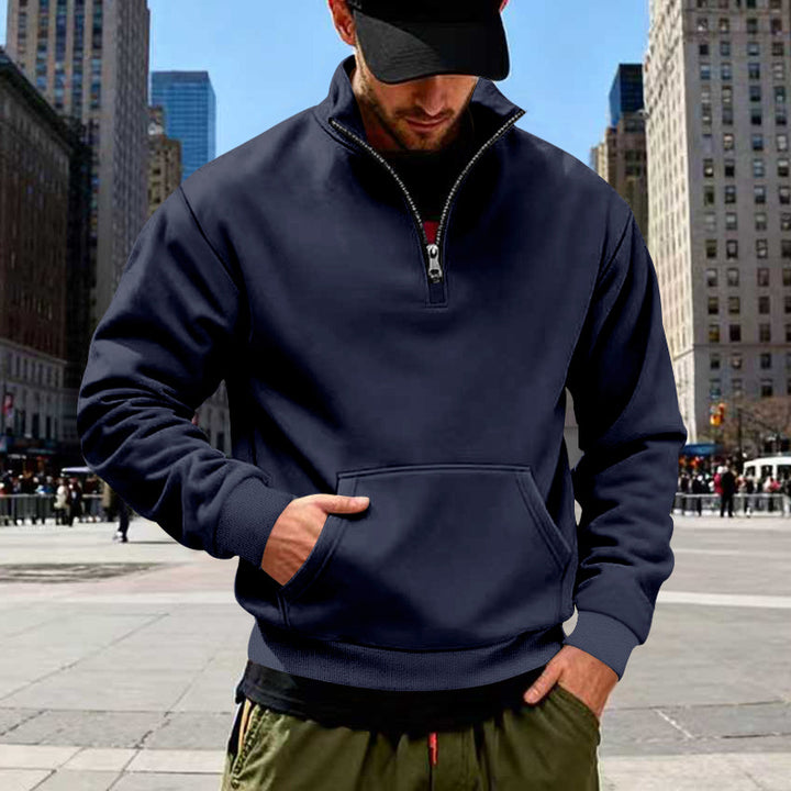 Herren nan Halbzip-Sweatshirt mit Kängurutasche, elastischen Rippbündchen und hohem Stehkragen Drune