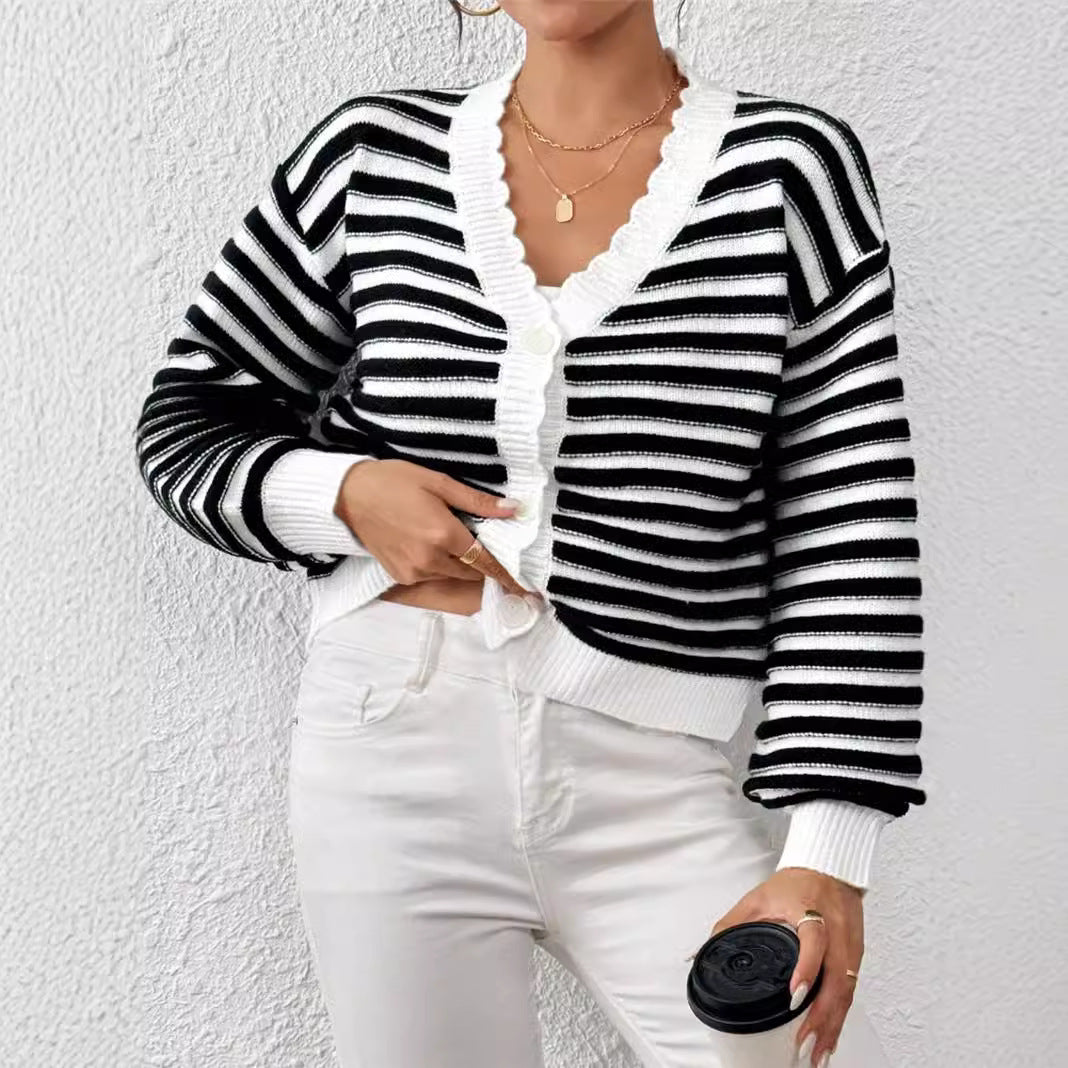 Damen Strickjacke mit modernem Streifenmuster und voluminösen Ärmeln Drune