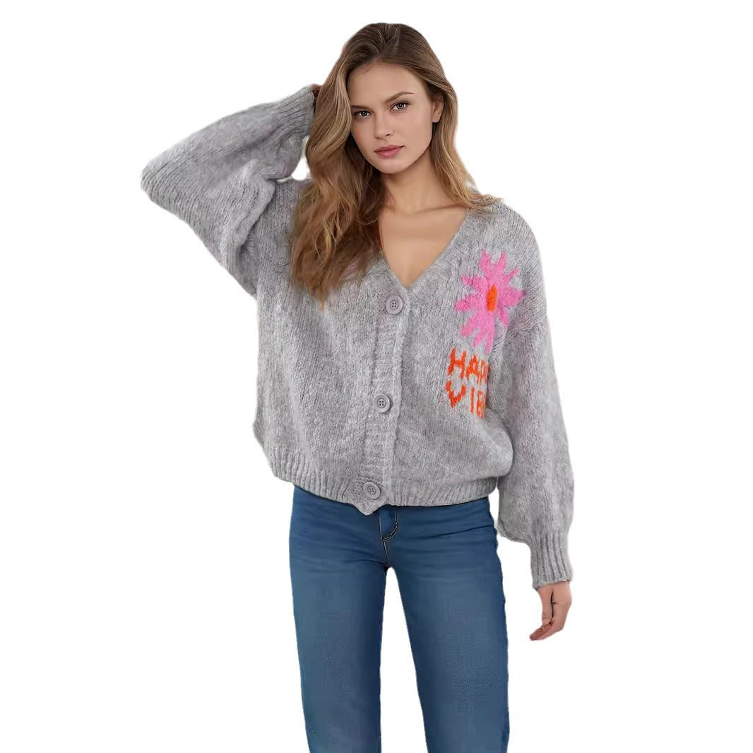 Damen verspielte Strickjacke mit buntem Blumenmotiv und großen Knöpfen Drune
