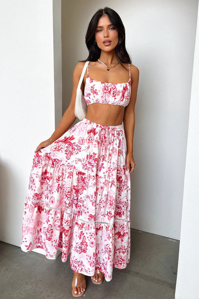 Damen Zweiteiliges Sommeroutfit mit floralem Top und Maxi-Rock Drune