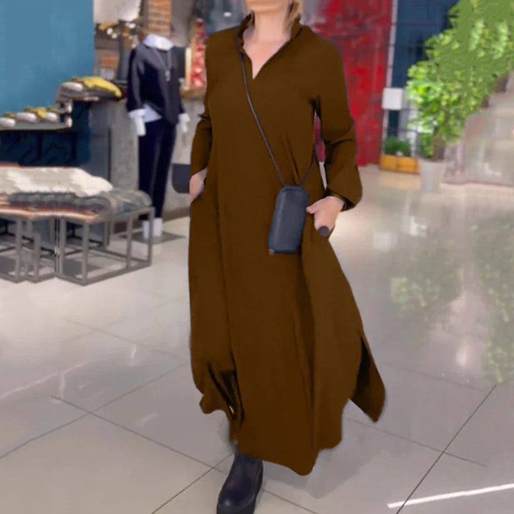 Damen nan fließendes Maxikleid mit V-Ausschnitt, kastiger A-Linie und langen Ärmeln Drune
