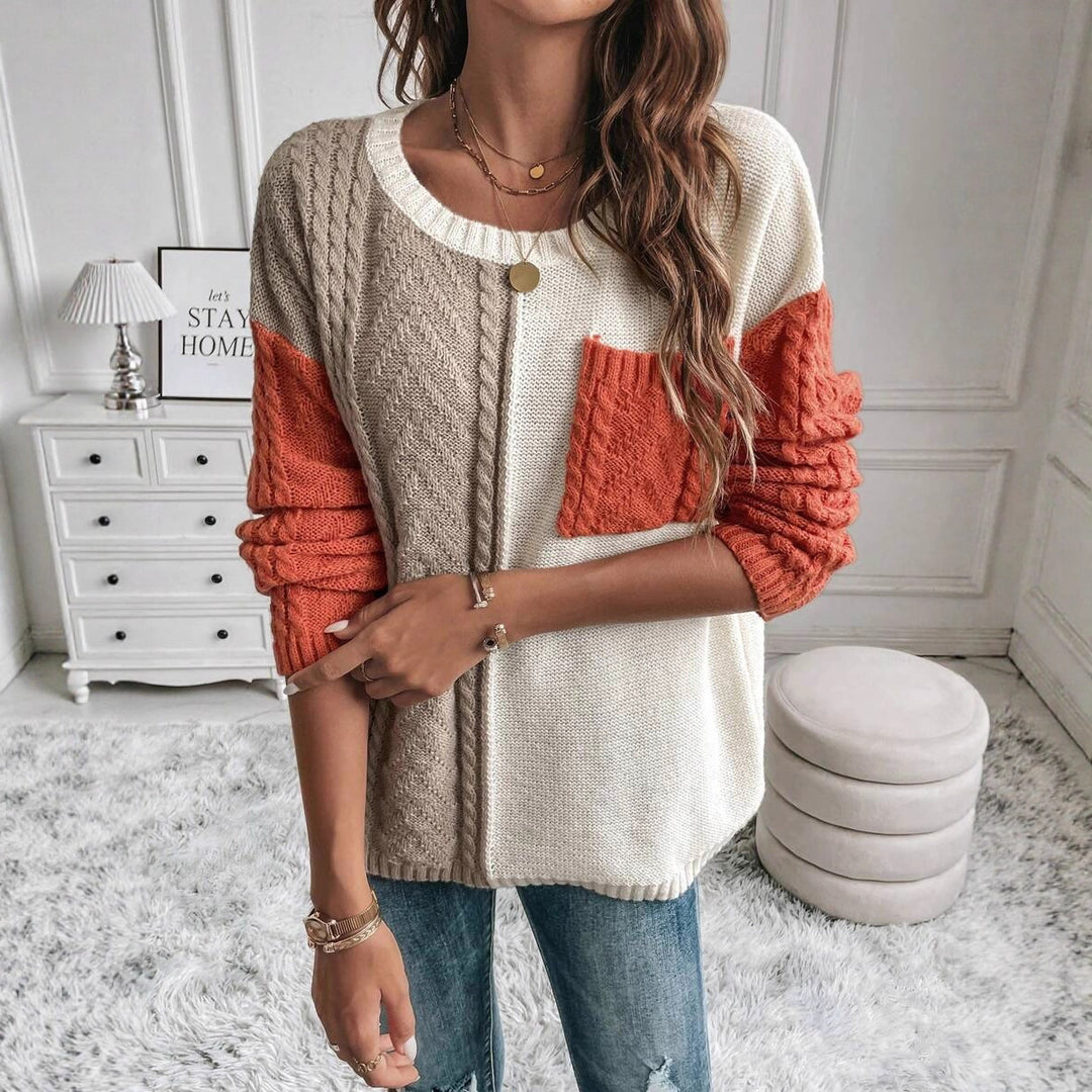 Damen Gemusterter Strickpullover mit bunten Kontrastärmel und Taschen Drune