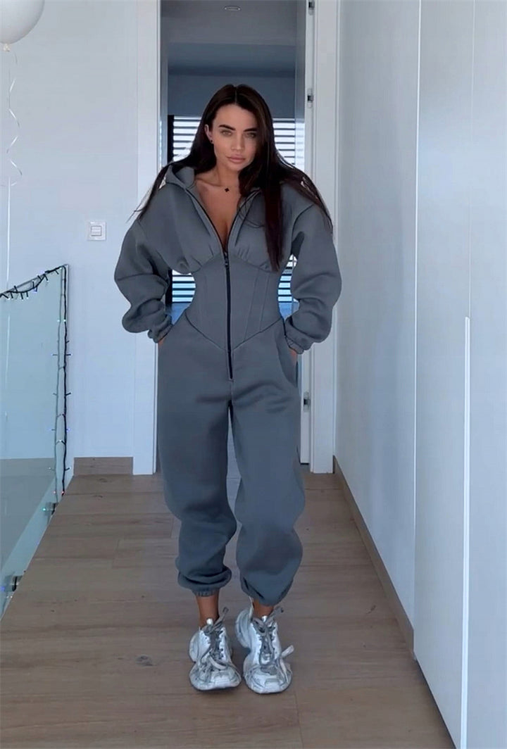 Damen Sportlicher Fleece-Jumpsuit mit hohem Kragen und trendiger Silhouette Drune