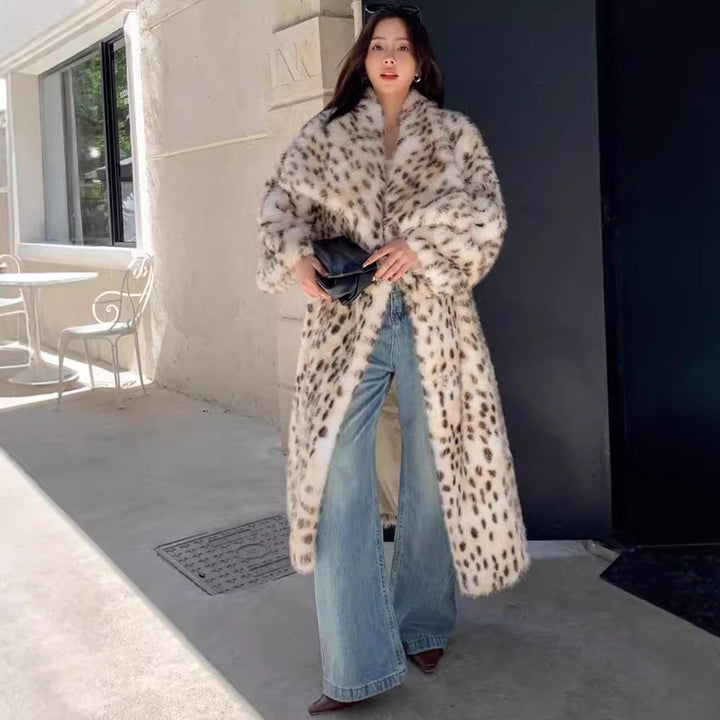Damen Eleganter Leopardmuster-Fellmantel Drune