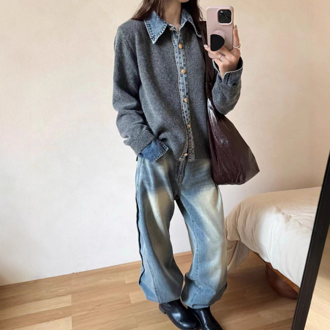 Damen modische Strickjacke mit innovativem Kragen und eleganten Knopfdetails Drune