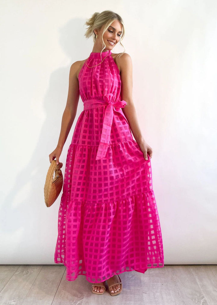 Damen Maxikleid mit raffiniertem Hochkragen und gestuftem Design Drune