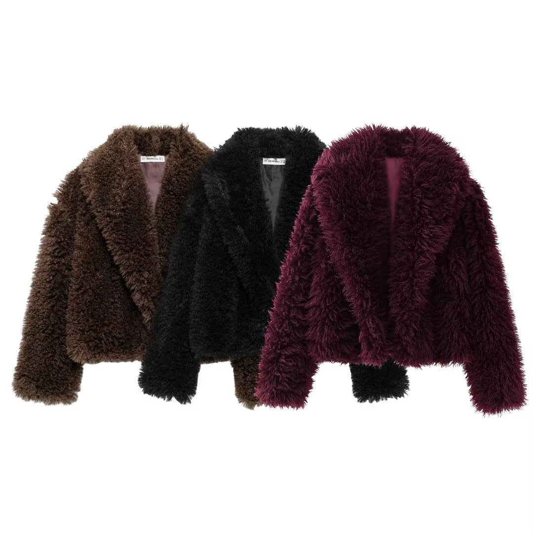Damen nan kurze kuschelige Kunstfell-Cropped-Jacke mit großzügigem Schalkragen und offener Front Drune