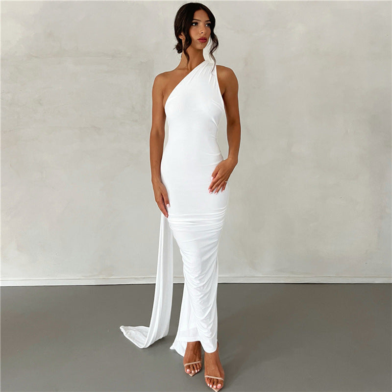 Damen Elegantes bodenlanges One-Shoulder Kleid Drune