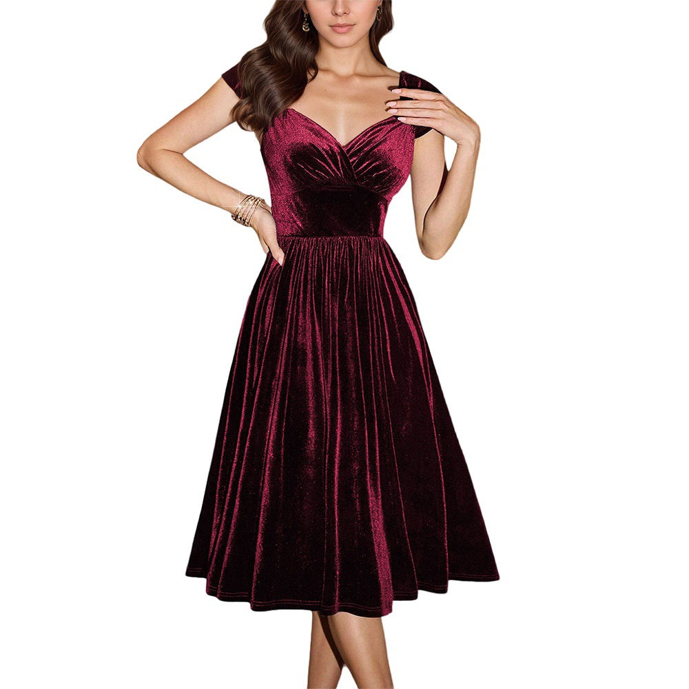 Damen Midi-Kleid aus luxuriösem Samt mit tiefem V-Ausschnitt und eleganter Taillierung Drune