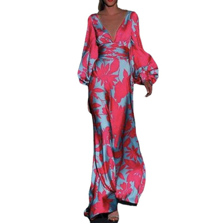 Damen Elegantes Maxi-Jumpsuit mit floralen Mustern und tiefem V-Ausschnitt Drune