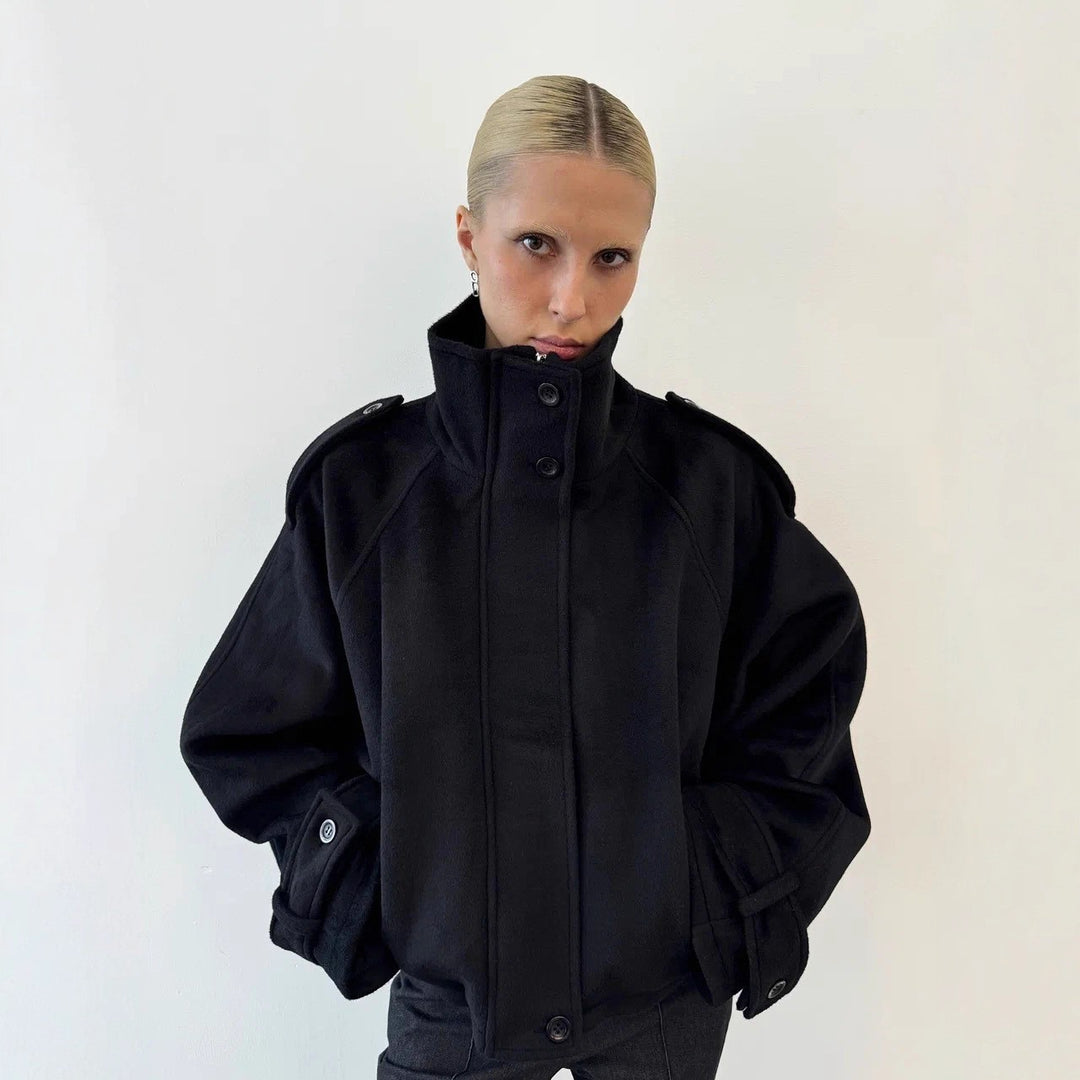Damen nan kurzer Wollmix-Blouson mit hohem Stehkragen, Schulterpatten und voluminösen Ballonärmeln Drune