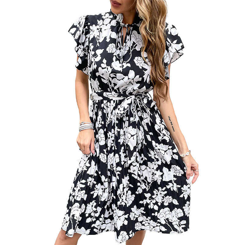 Damen elegantes Blumenkleid mit Rüschendetails und Bindegürtel Drune