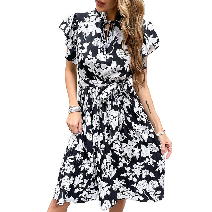 Damen elegantes Blumenkleid mit Rüschendetails und Bindegürtel Drune