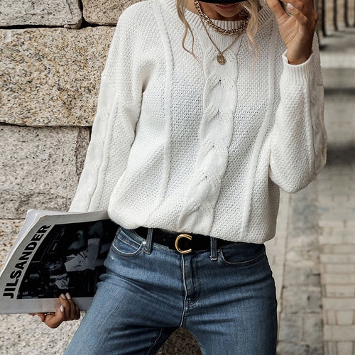 Damen lässiger Strickpullover mit modernem Zopfmuster und V-Ausschnitt Drune
