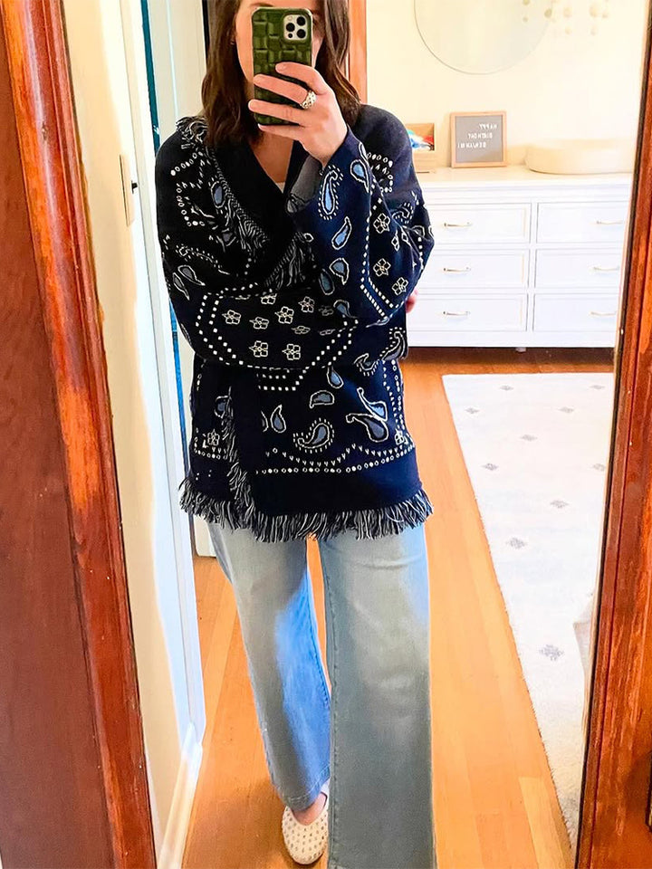 Damen Fransen Poncho mit Bandana-Muster Drune