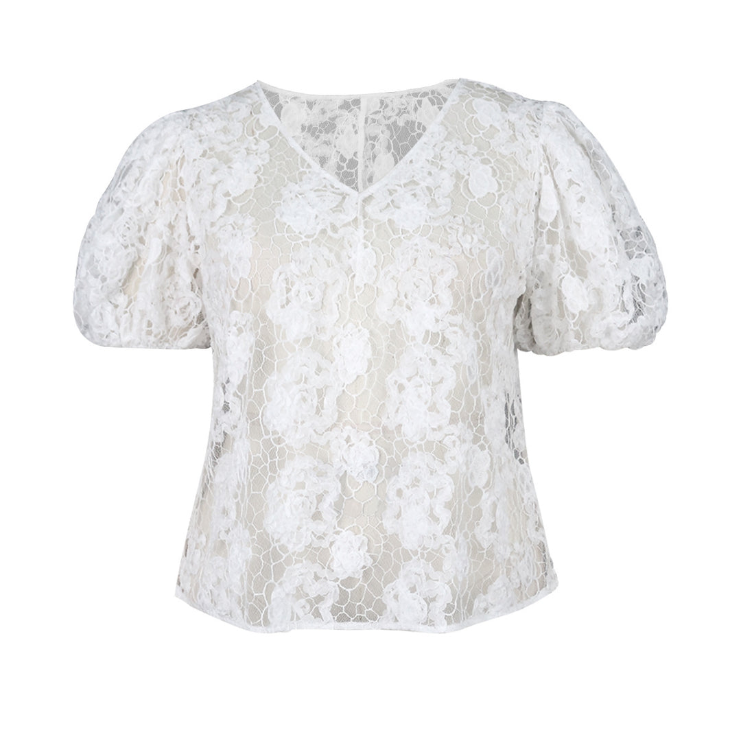 Damen Bluse mit romantischen Spitzenärmeln und floralem Muster Drune