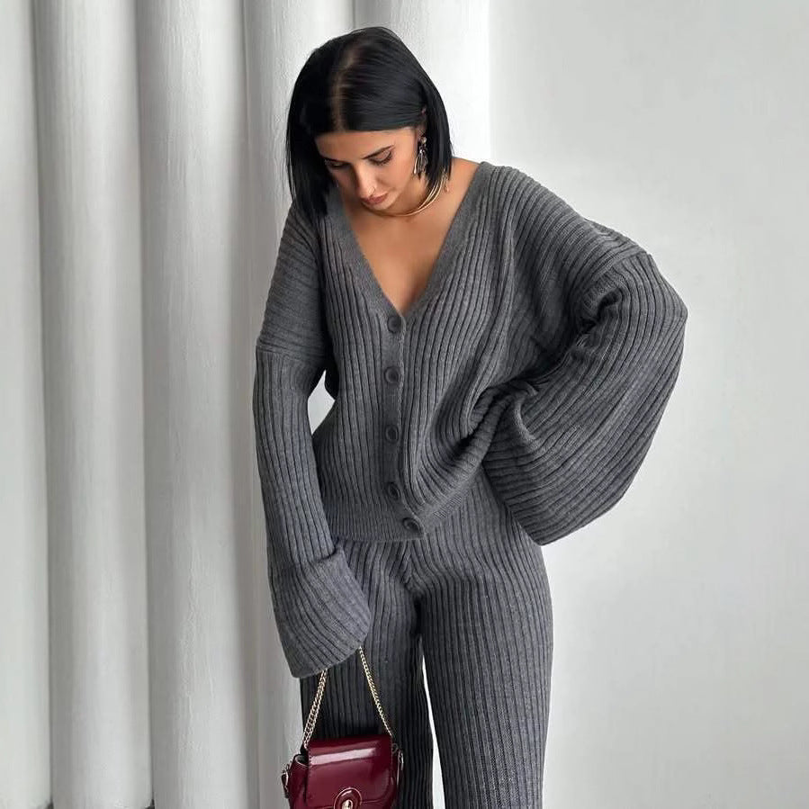 Damen lässiges Strick-Loungewear-Set mit Knopfleiste und weitem Schnitt Drune