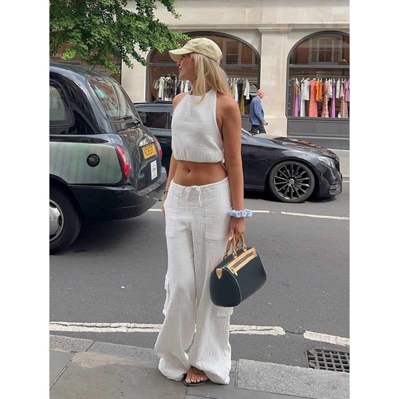 Damen lässiges Set aus Crop-Top und weit geschnittenen Hosen Drune