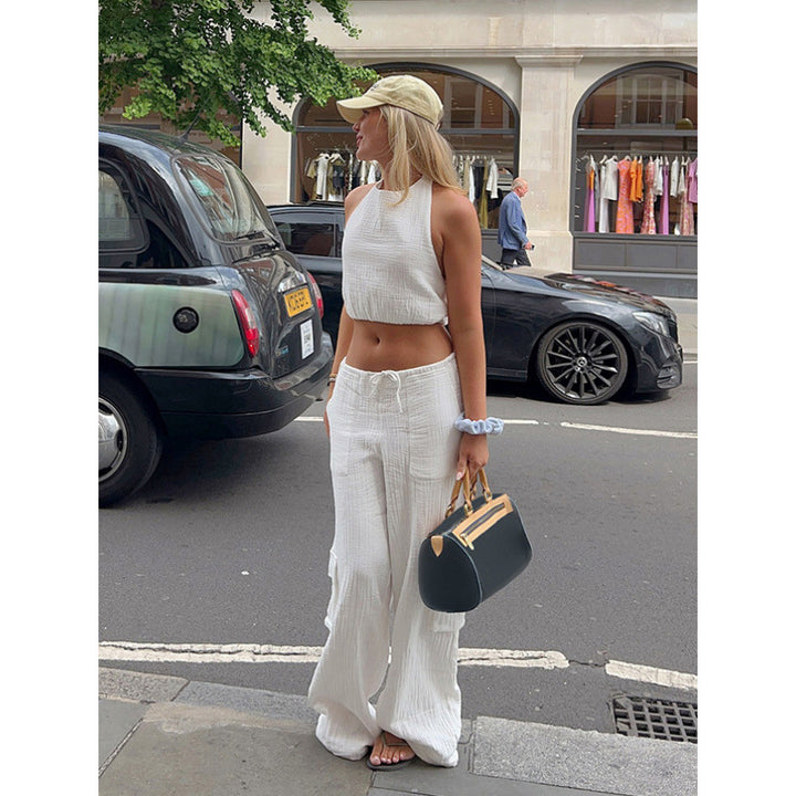 Damen lässiges Set aus Crop-Top und weit geschnittenen Hosen Drune
