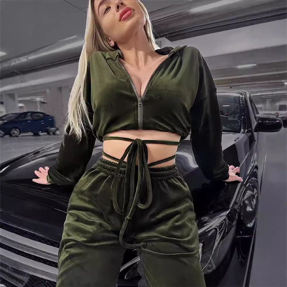 Damen sportlicher Cropped Fleece-Jogginganzug mit Reißverschluss und praktischen Taschen Drune