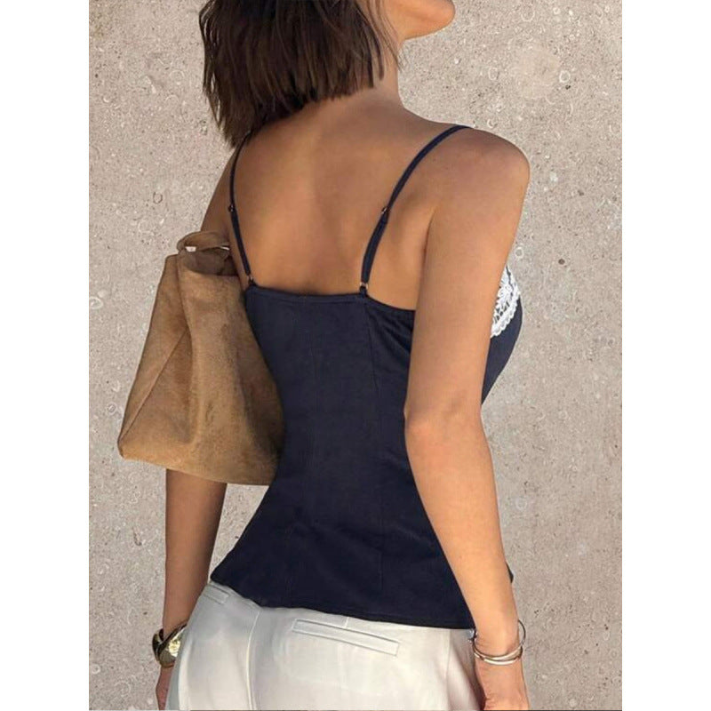 Damen Spaghetti-Träger Top mit elegantem Spitzenrand Drune