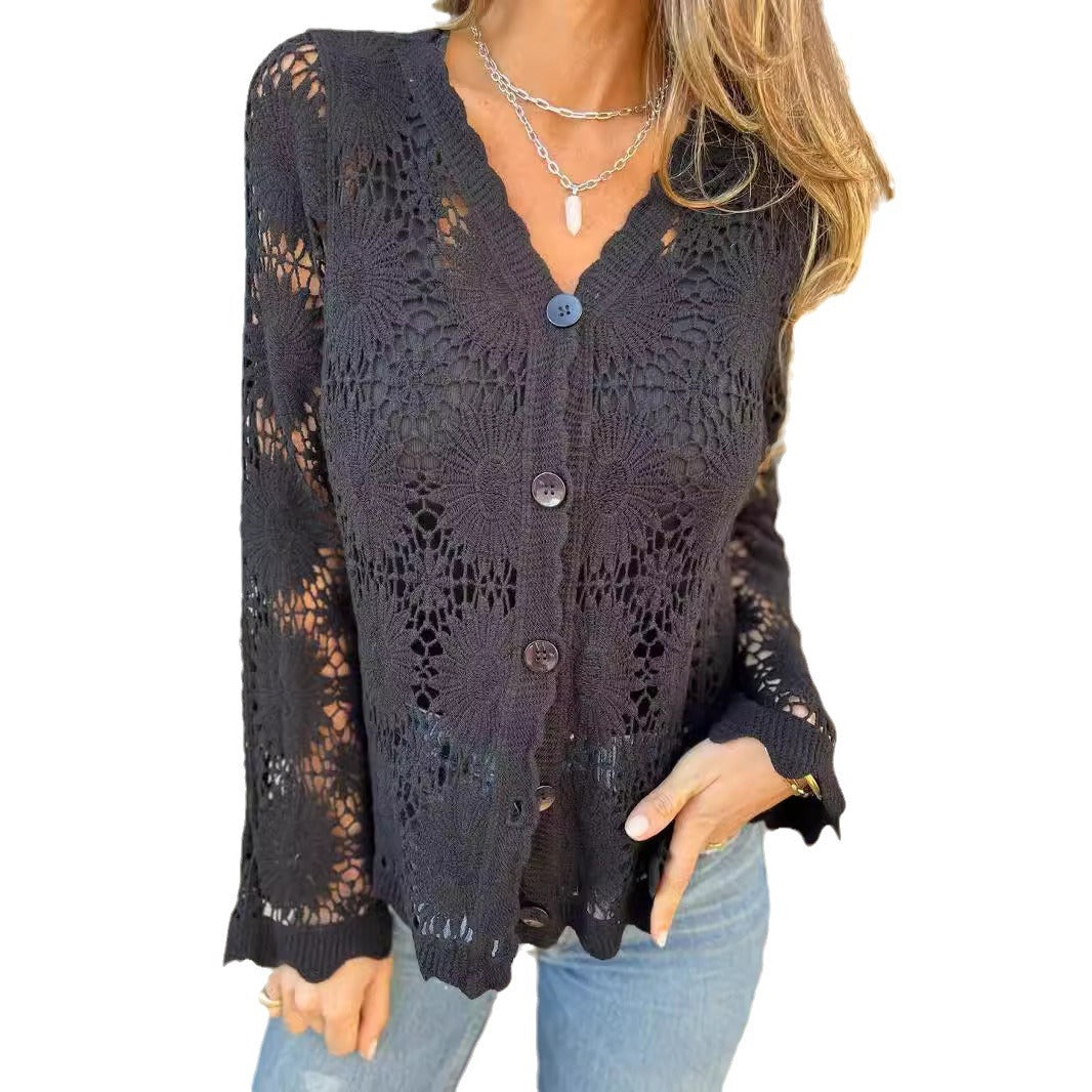 Damen Häkeljacke mit floralen Mustern und Knopfverschluss Drune