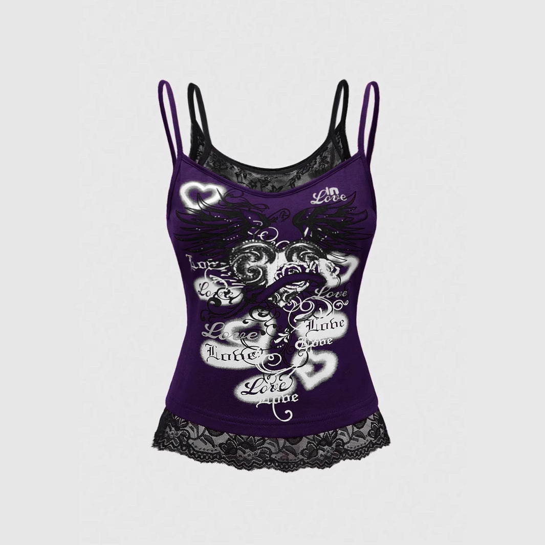 Damen Spitze Cami Top mit Grafischem Print Drune