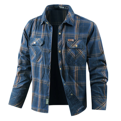 Herren nan kariertes Overshirtjacke aus Baumwoll-Twill mit doppelt verstärkten Brusttaschen und verlängertem Schnitt Drune