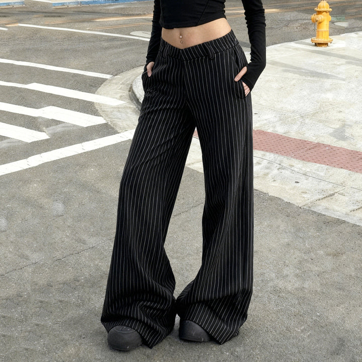 Damen weite Palazzo-Hose mit eleganten Streifen und hohem Bund Drune