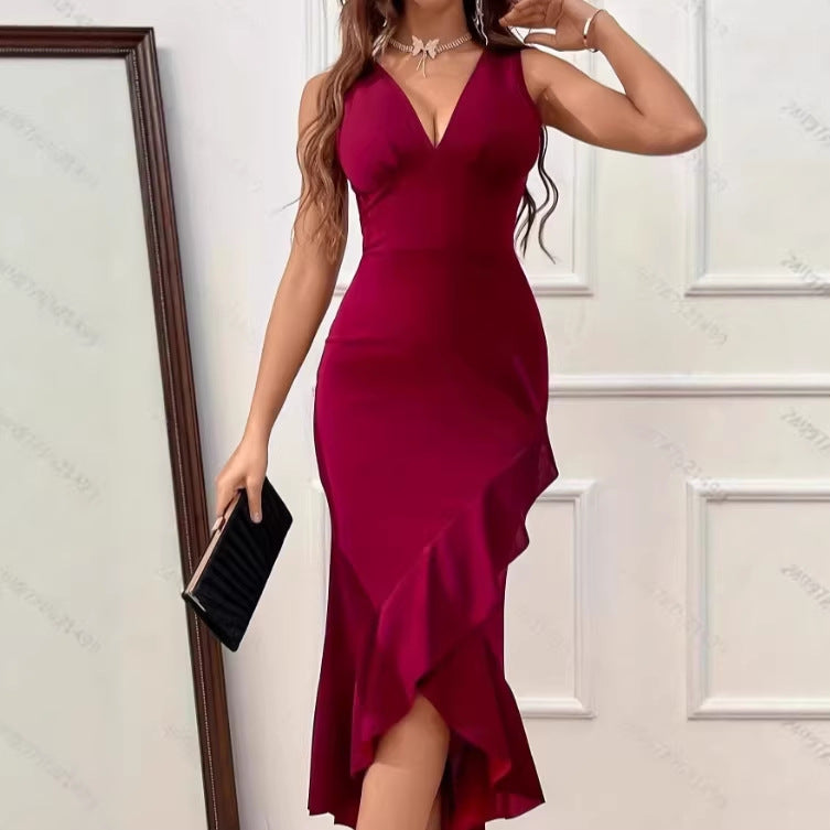 Damen Midikleid mit V-Ausschnitt und asymmetrischem Rüschensaum Drune