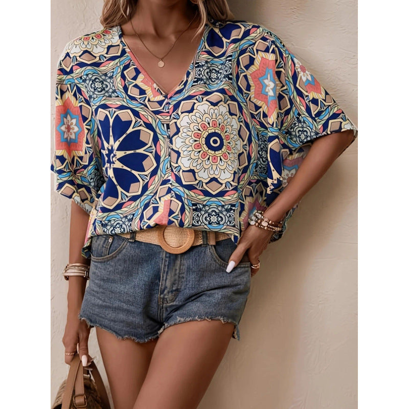 Damen Oversized Bluse mit kontrastvollem Blumenmuster Drune