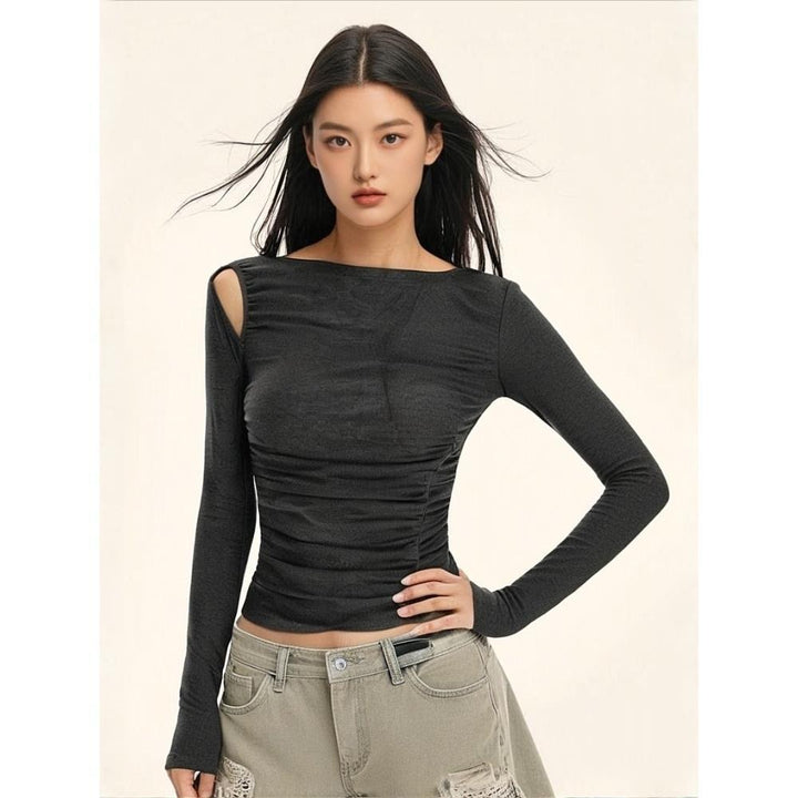 Damen figurbetontes Langarmshirt mit asymmetrischem Ausschnitt Drune