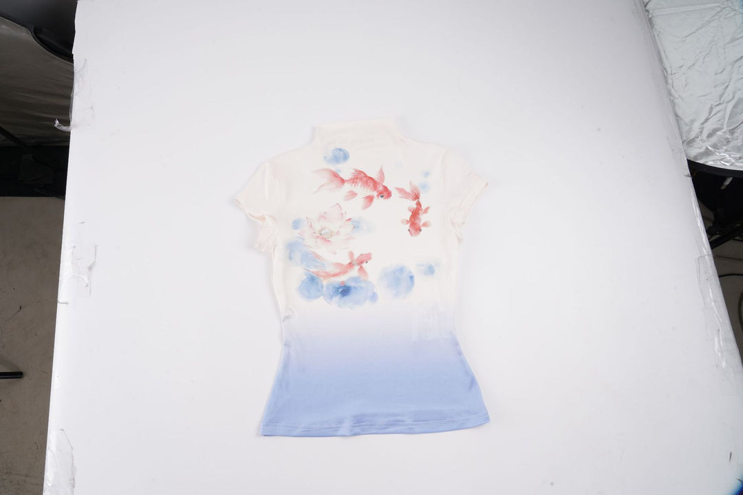 Damen figurbetontes Kurzarmshirt mit floralem Design und Stehkragen Drune