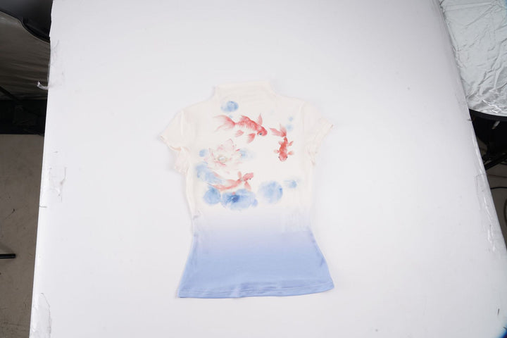 Damen figurbetontes Kurzarmshirt mit floralem Design und Stehkragen Drune