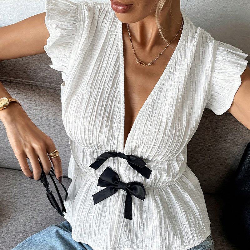 Damen Volantbluse mit dekorativen Schleifen Drune