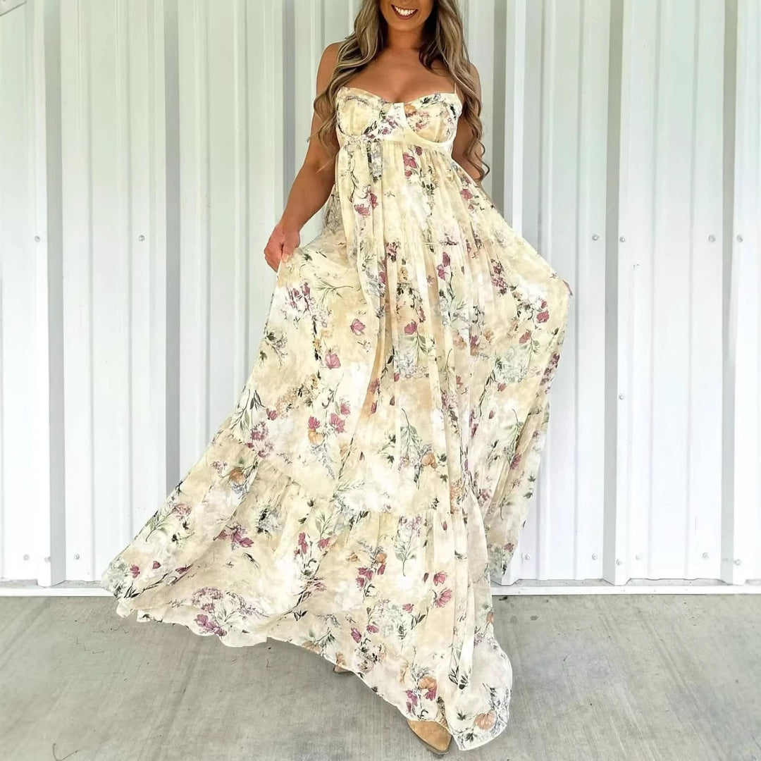 Damen nan trägerloses Maxikleid mit herzförmigem Bustier, geraffter Empire-Taille und weichem Stufenrock Drune