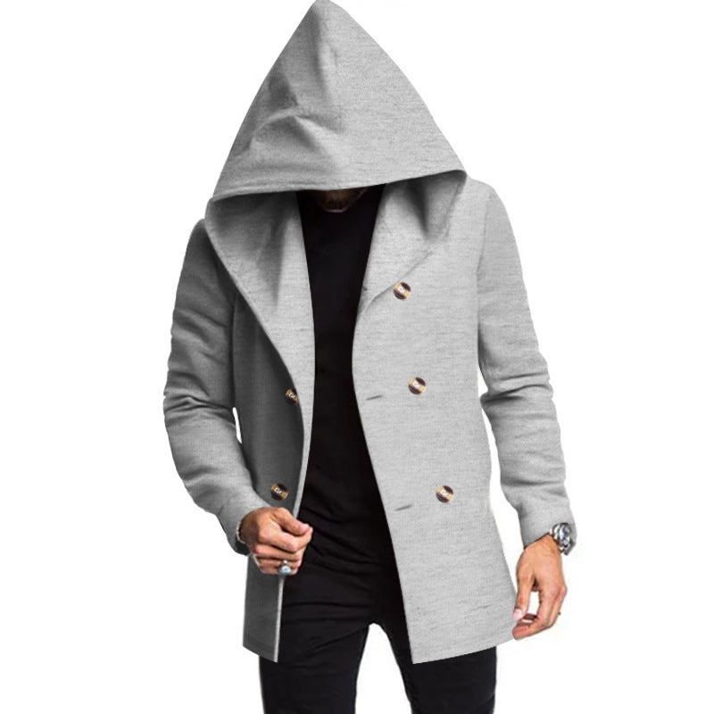 Herren modischer Mantel mit Kapuze und doppelter Knopfreihe Drune