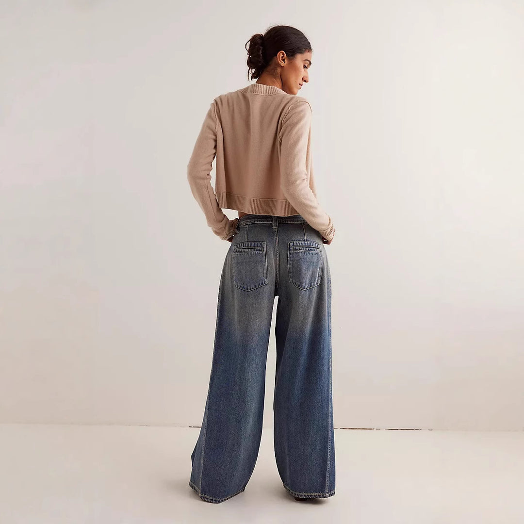 Damen nan extraweite High‑Waist Palazzo-Jeans mit hohem Bund, tiefem Schritt und verwaschener Vintage-Optik Drune