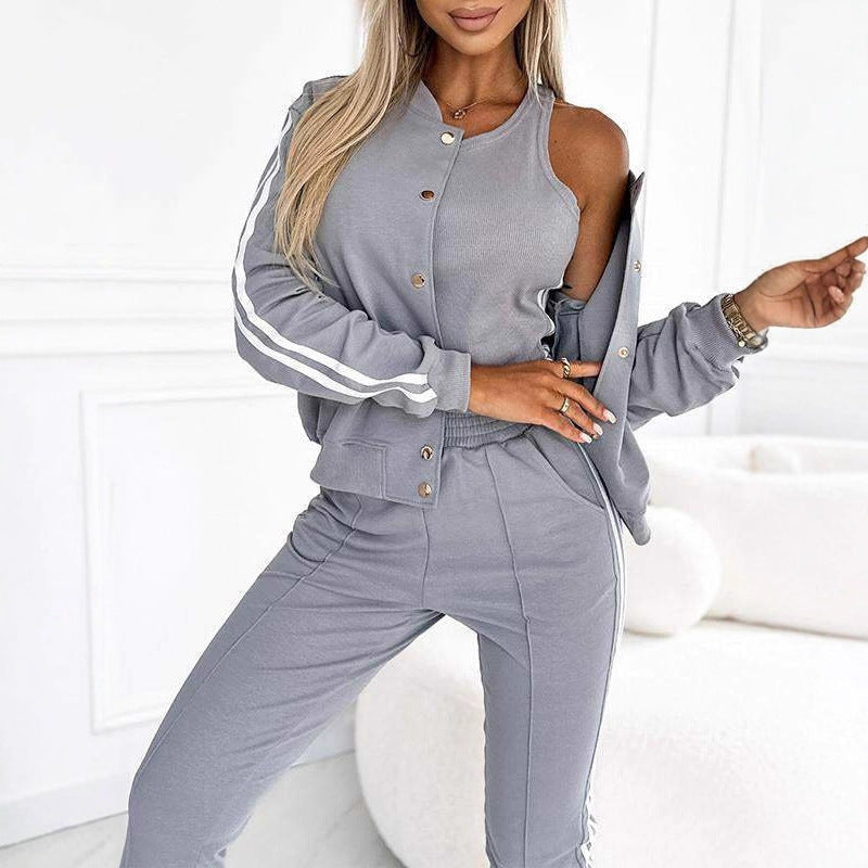 Damen nan sportliches Jogginganzug-Set mit Collegejacke, kurzes Top und slim-fit Jogginghose Drune