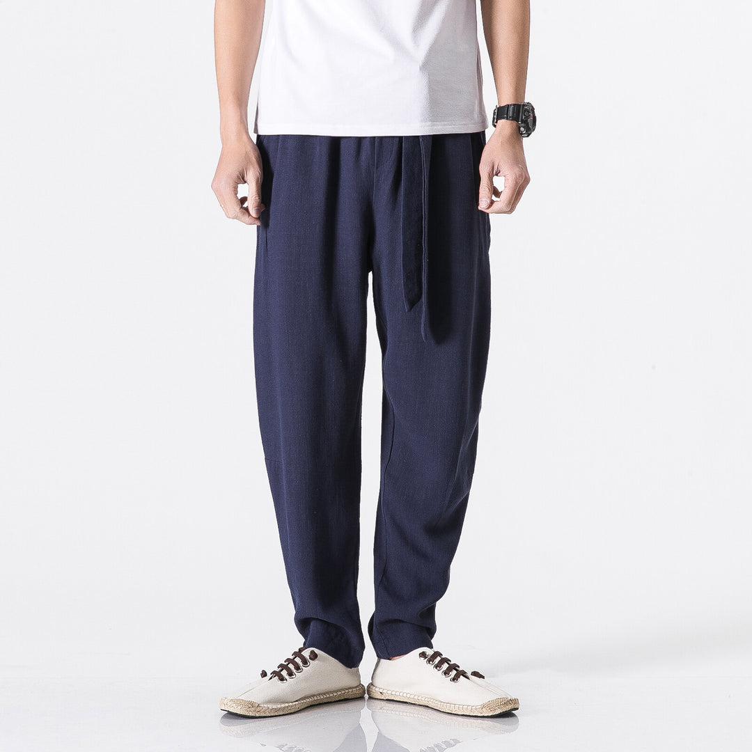 Herren nan entspannte Leinen-Baumwoll Harem-Joggerhose mit verdecktem Tunnelzug und tapered Bein Drune
