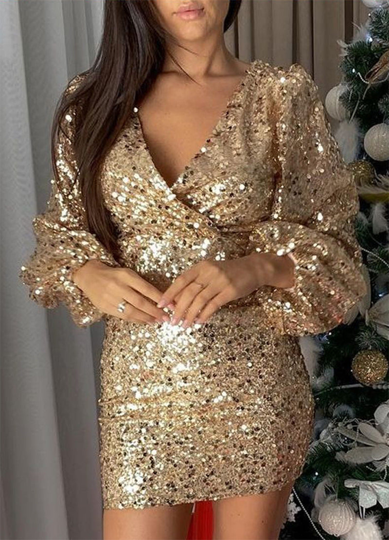 Damen Glitzerndes Partykleid mit voluminösen Ärmeln und tiefem V-Ausschnitt Drune