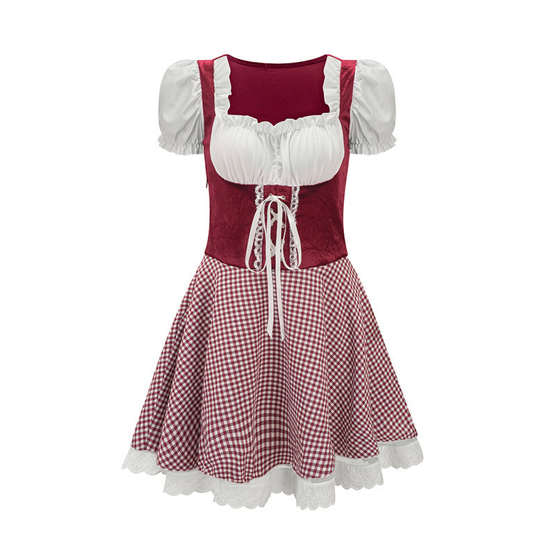 Damen nan bayerisch inspiriertes Mini-Dirndl mit geschnürtem Mieder, Puffärmeln und Vichykaro-Rock Drune