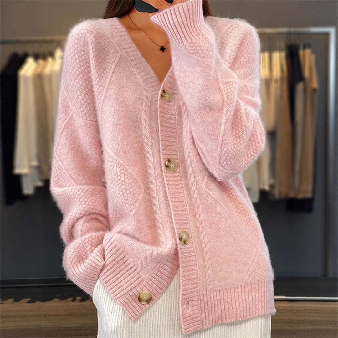 Damen nan Oversize Strickcardigan mit Zopfmuster V-Ausschnitt und Perlmuttknöpfen Drune